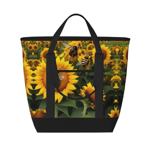 YQxwJL Isolierte Kühltasche mit Sonnenblumen-Bienen-Motiv, große Kapazität, Einkaufstasche, Reisetasche, Strand, wiederverwendbare Einkaufstasche für Erwachsene, Schwarz, Einheitsgröße