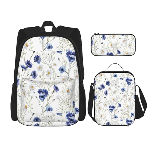 WURTON Handgezeichneter Blumendruck, 3-in-1-Büchertaschen-Set, verstellbarer Schulter-Rucksack, Lunch-Tasche, Federmäppchen, Beutel, Schwarz, Einheitsgröße