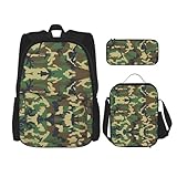 WURTON Grüner Militär-Camouflage-Druck, trendige Rucksacktaschen, Lunchbox und Federmäppchen, 3-in-1, verstellbares Rucksack-Set, Schwarz, Einheitsgröße, Schwarz , Einheitsgröße