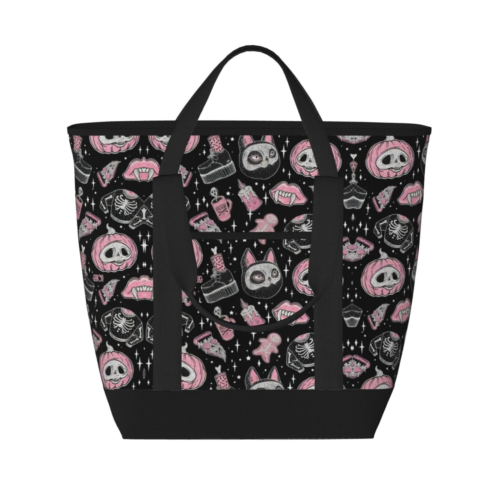 YQxwJL Halloween-Kürbis-Katzen-Aufdruck, große Kapazität, isolierte Lunchtasche, wiederverwendbare Einkaufstasche mit Reißverschluss für Damen und Herren