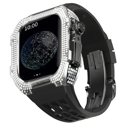 KANUZ Mod-Kit für Apple Watch Serie 6, 5, 4, SE, 44 mm, Gehäuse aus Titanlegierung und Gummiband für iWatch 6, SE, 5, 4, 44 mm, Ersatz-Uhrenarmbandzubehör (Farbe: Schwarz 8, Größe: 44 mm)