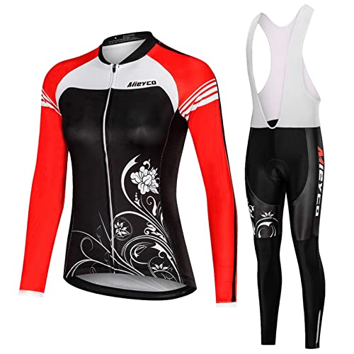 Fahrradtrikot Radsportanzug Damen Langarm|Fahrradbekleidung Frauen Set,MTB Radtrikot Cycling Oberteil und Radhose mit 19D Gel Sitzpolster,Bike Bekleidung Rennrad Atmungsaktiv Schnell Trocknen(4,L)