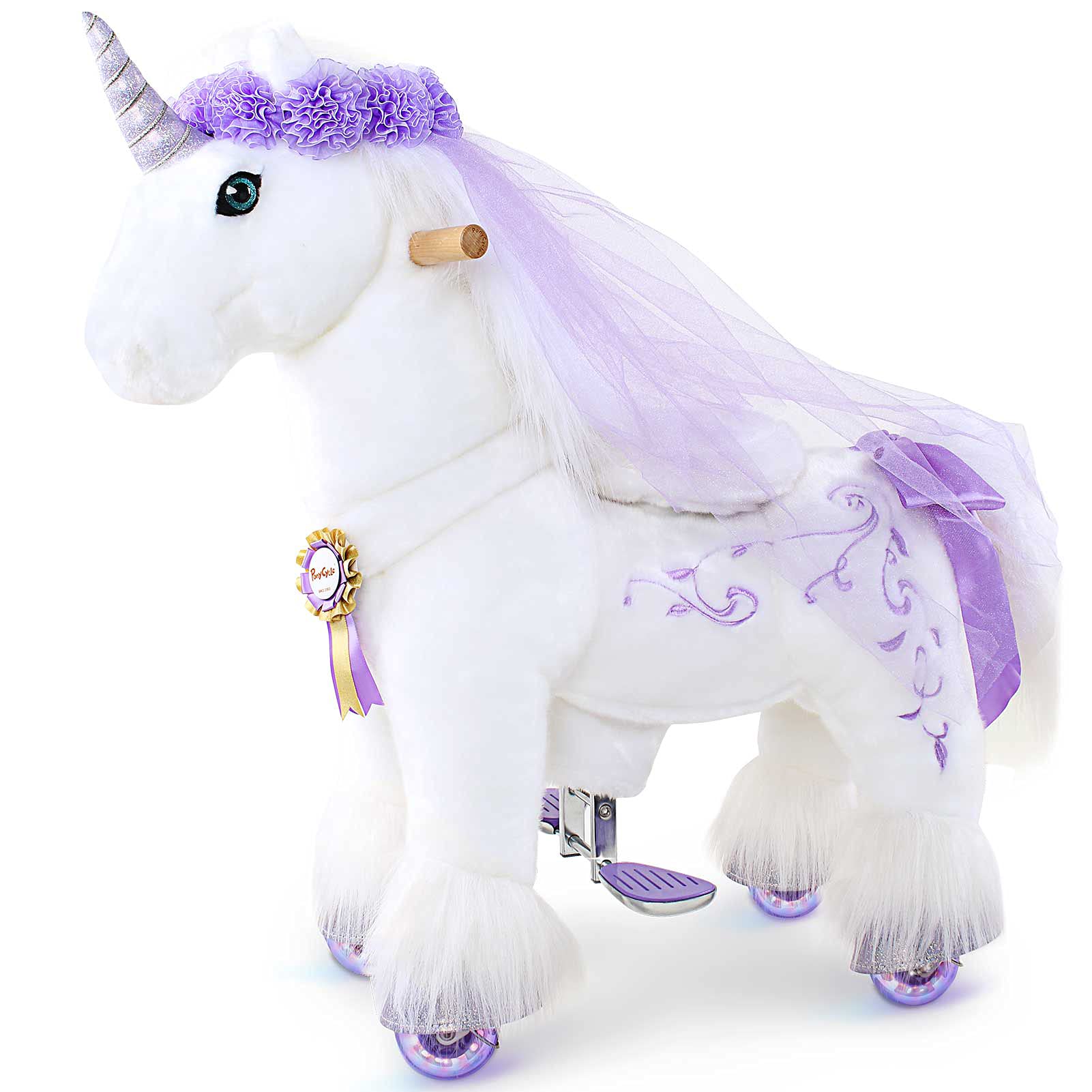 PonyCycle Offizielle Prämie Modell K Reiten auf Einhorn Spielzeug Plüsch Lauftier Einhorn mit lila Horn Größe 3 für Alter 3-5 Jahre Kleine K31