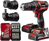 Einhell Akku-Bohrschrauber TE-CD 18/45 3X-Li+22 Power X-Change (18 V, 45 Nm, Winkelaufsatz, Exzenter Aufsatz, 22-tlg. Bitset, 2x2,0 Ah-Akku, Ladegerät + E-Box)