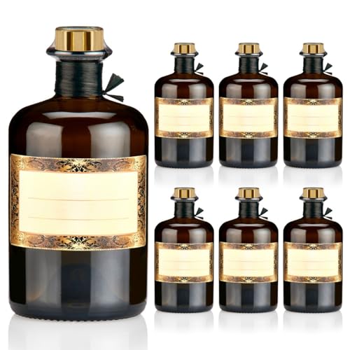 6x Apothekerflaschen braun 500ml Geschenkset mit Korken gold, Band, Kapseln & Etiketten Motiv Orient, 0,5L Glasflaschen schwarz antik leer, Braunglas Flaschen für Öl, Gin uvm.