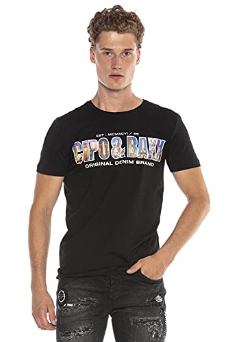 Cipo Baxx Herren T-Shirt Kurzarm-Shirt Tshirt Bedruckt Applikation Aufdruck Print Motiv Muster Schriftzug Rundhals CT595 (Weiß, L)