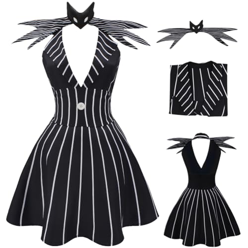 AYYOHON Damen-Weihnachtskleid, Albtraumkleid, Jack, Cosplay-Kostüm für Erwachsene, gestreiftes A-Linien-Kleid mit Fliege, Halloween-Uniform, Größe XL