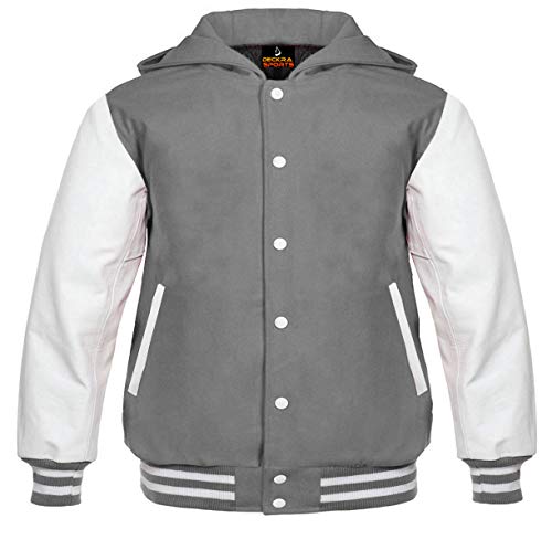 Herren Varsity Jacke Hoodie Rindsleder Arme und Wolle Letterman College Top Coat - Grau - 4X-Large