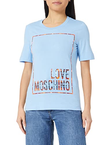 Love Moschino Women's Regular fit Short-Sleeved with Check Logo Box Shiny Print T-Shirt, Light Blue, 44