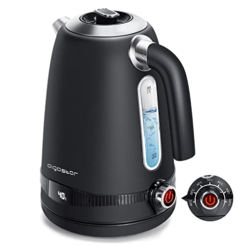 Aigostar Loki - Digitaler Edelstahl Wasserkocher mit Temperatureinstellung 40-100 Grad, Temperaturanzeige, Warmhaltefunktion, 1,7 Liter 2200W Electric Kettle Retro Teekocher, Schwarz