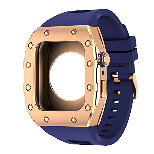 KANUZ 44 mm 45 mm Modifikationsset für iWatch Serie 7, 6, 5, 4 SE, Metallgehäuse, Silikonband für Apple Watch, Gummiband, Stoßfängerabdeckung (Farbe: RG-RG-U, Größe: 45 mm)