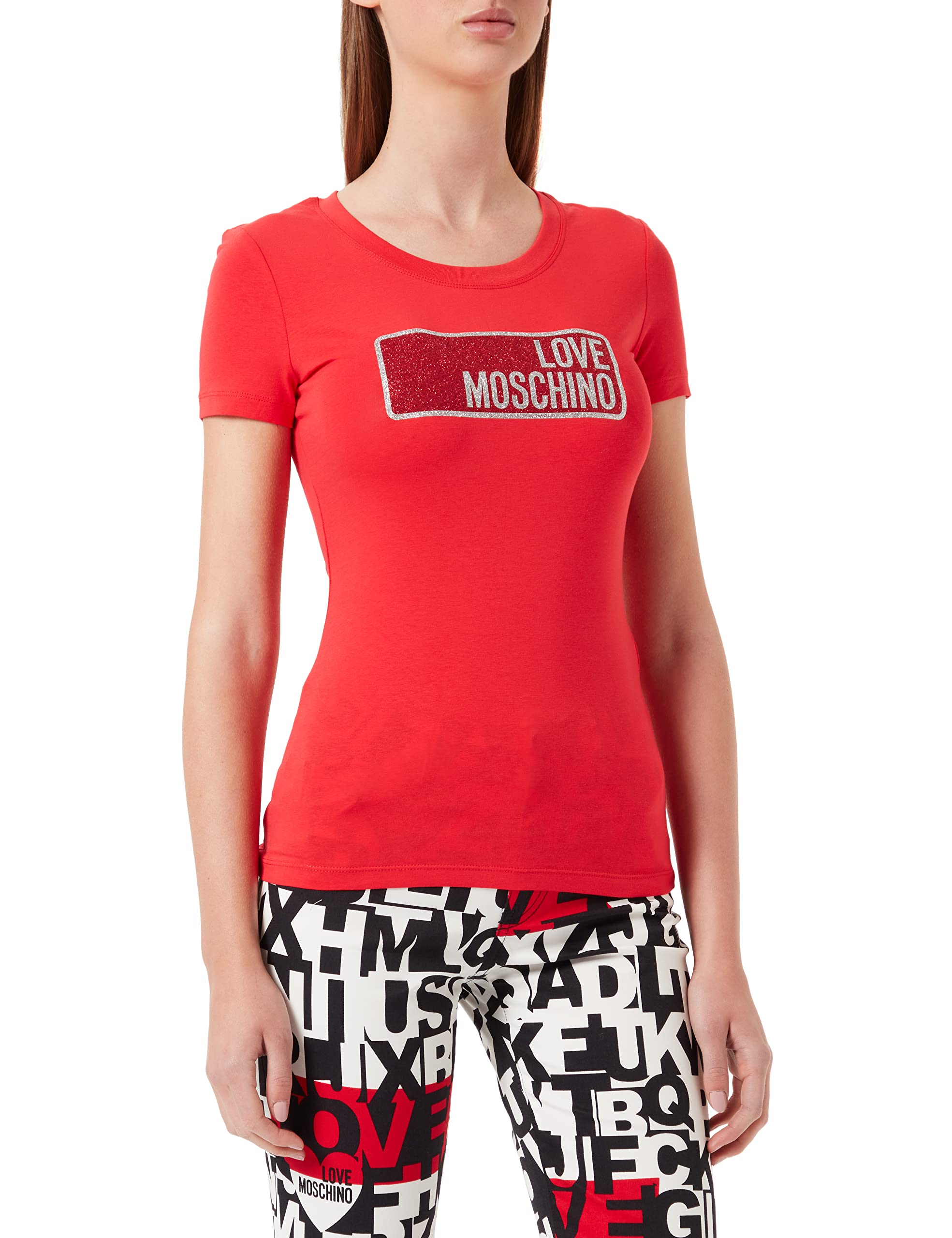 Love Moschino Womens Glittered Brand Print T-Shirt, RED, 46