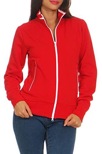 Happy Clothing Damen Sweatjacke mit Reißverschluss und Kragen ohne Kapuze im sportlichen Design, Elegante Jacke aus Baumwolle für Sport und Freizeit, Größe:L, Farbe:Rot