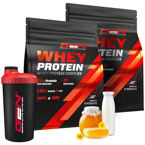 2 kg Whey Protein Komplex + Premium Shaker - Mit Isolate Anteil - Instant lösliches Eiweiss Protein Pulver mit BCAA & EAA - German Elite Nutrition - (2 x 1000 g Milch mit Honig)