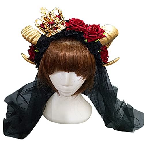 HDKEAN Horn Stirnband Ochsenhorn Haarreifen für Halloween Blume Rose Haarband Gothic Requisiten für kreative Party Kostüm Rose Horn Stirnband