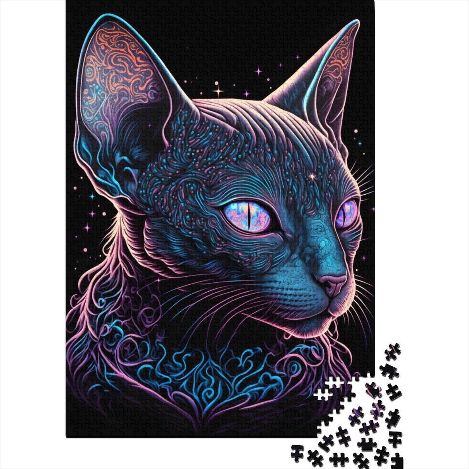 Kunstpuzzle für Erwachsene, 500 Teile, Schwarzlichtkatze, Holzpuzzle, Puzzle für Erwachsene, interessantes Puzzle zur Stressreduzierung, 52 x 38 cm