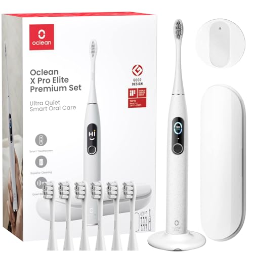 Oclean X Pro Elite Premium Set (Zahnbürste + 6 Bürstenköpfe + Reisetasche), Smart Mute Sonic Elektrische Zahnbürste, 4 Aufhellungsmodi, Schnellladung für 35 Tage, IPX7 - Grau