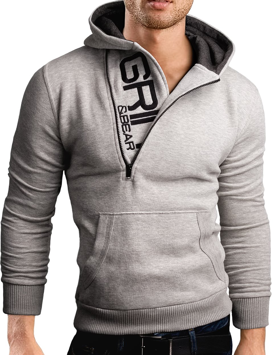 Grin&Bear Slim fit Halfzip Jacke Kapuze Hoodie Sweatshirt Kapuzenpullover, grau meliert, S, GEC401