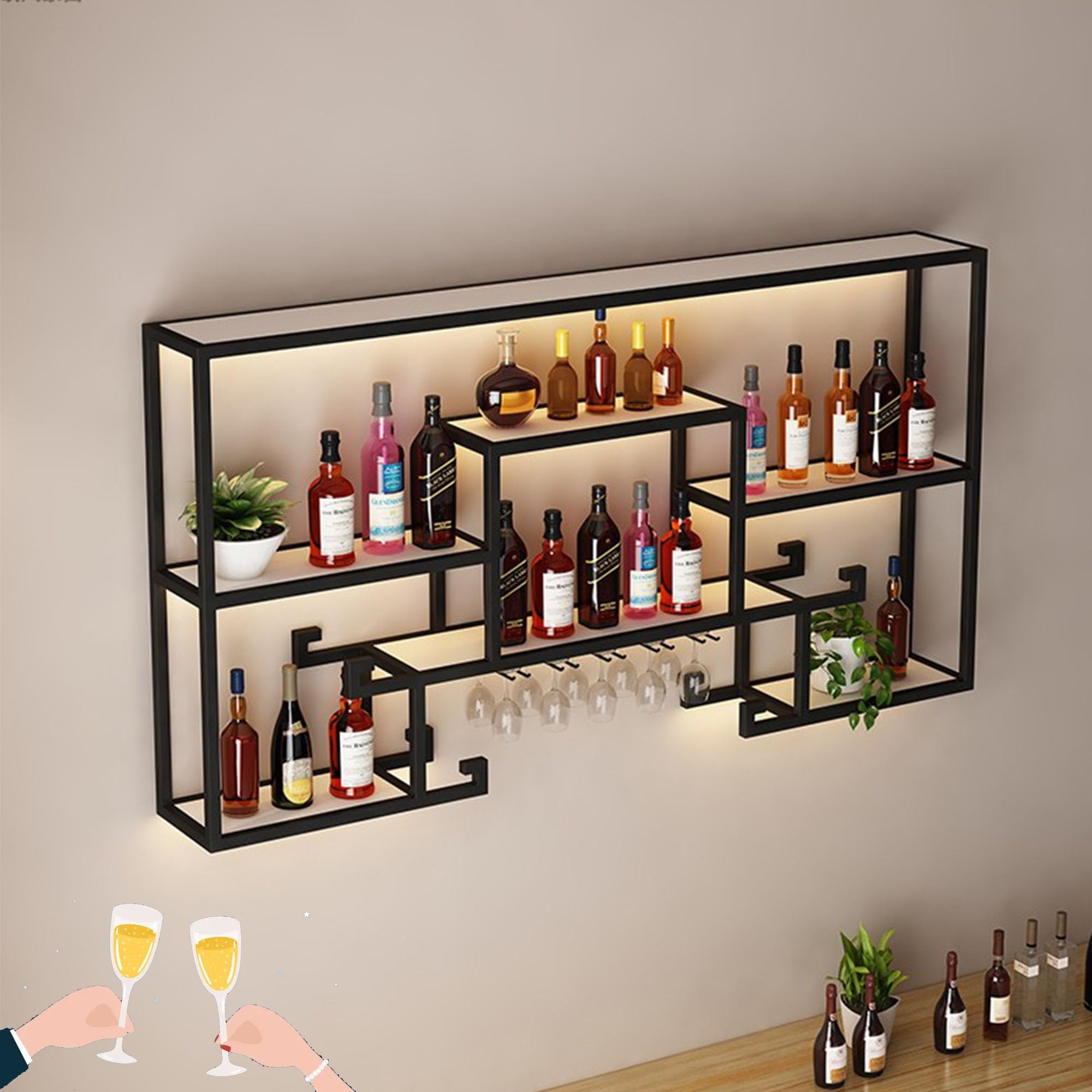 HSJFS Metall Weinregal Bar Regale Wand Mit Hängenden Weinglas Halter Rack Und Led Licht Für Spirituosen Flasche Display Regal Racks Countertop Floating Bar Mini Bar Schrank Für Home Bar Cküche (Co/Bl