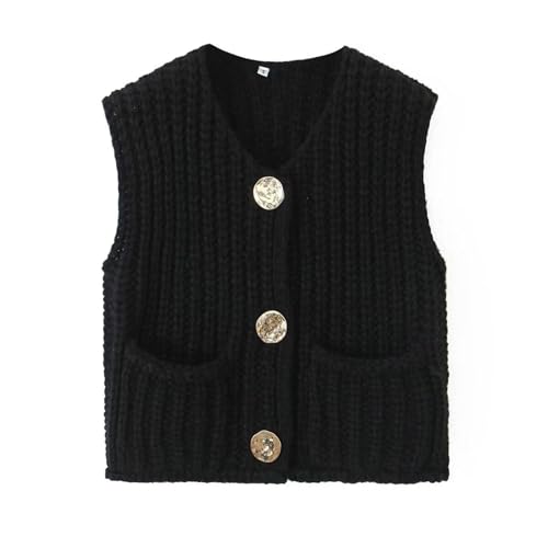 Sweater Vests Women 2024, Women's Button Front V Neck Sleeveless Crochet Solid Checkered Knit Sweater Vest with Pockets (Black,Large)