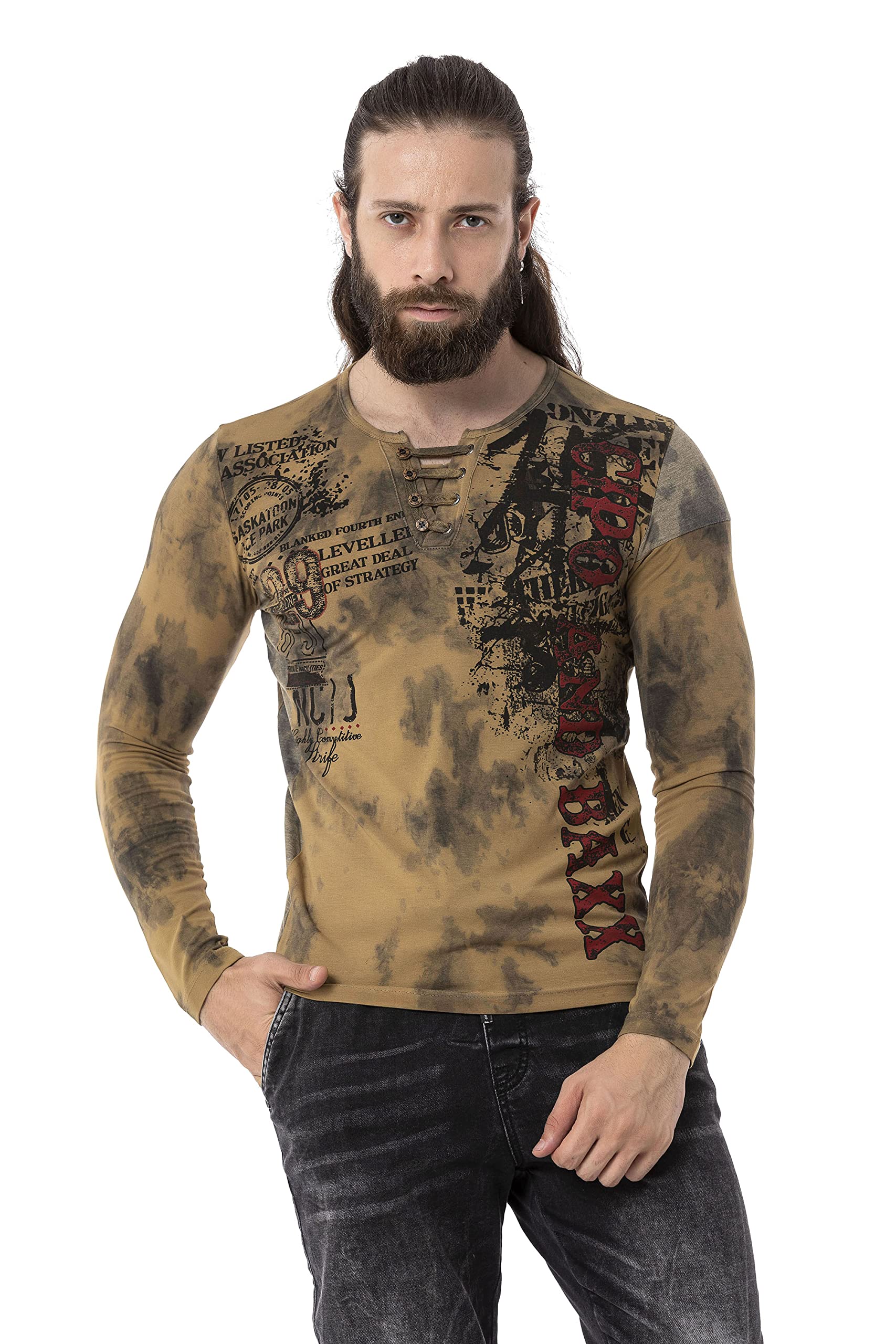 Cipo & Baxx Herren Langarmshit Sweatshirt Sweater Longsleeve Print Batik CL524 Mustard XL