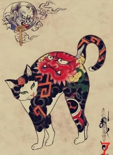 HfmQuisutron Holzpuzzle 1000 Stück Tätowierte Samurai Katze Kunst Poster Für Erwachsene Lernspielzeug Kw112Zt