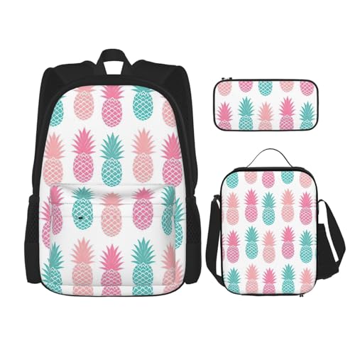 WURTON Summer Pineapple Print Shoulder Backpack 3 In 1 Bookbag Set Lunch Box Pencil Case Travel Laptop Daypacks, Schwarz, Einheitsgröße