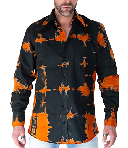 Comycom 70er Jahre Stil Batik Hemd Orange-Schwarz Design M