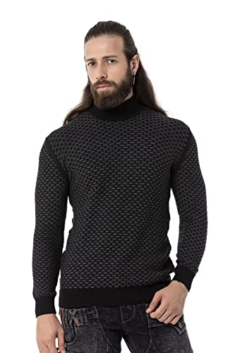 Cipo & Baxx Herren Pullover Strick Sweater Rollkragen Hoher Kragen Muster Pulli CP274 Schwarz S