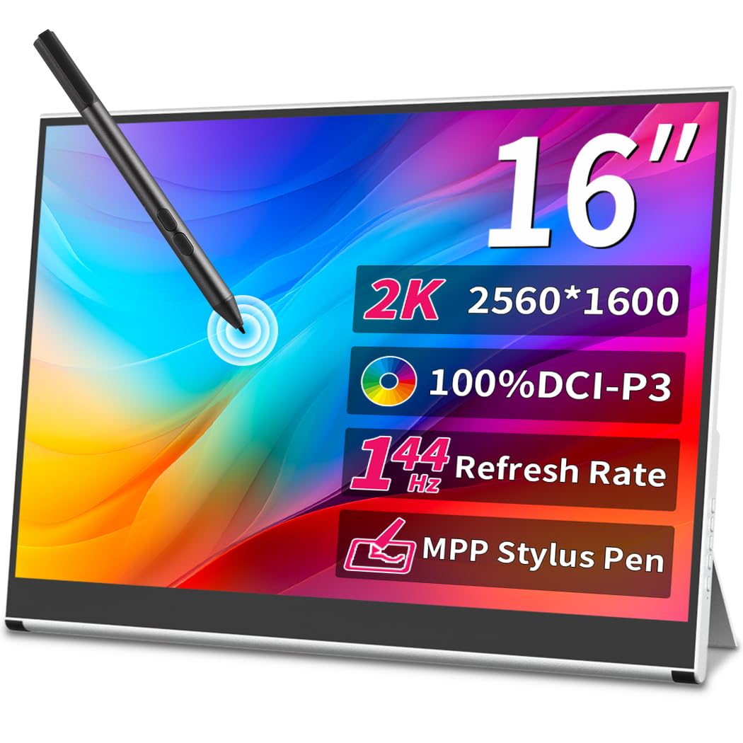 Magedok 16 Inch 2K Portable Monitor Touchscreen,144hz Gaming Monitor- MPP Stylus Pen Support - HDR,1MS, 100% P3,IPS£-VESA-Anti-Glare Eye Care Mobile Display for Laptop Mini PC Mac Game Console