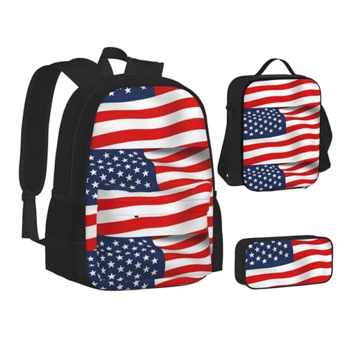 WURTON Rucksack mit amerikanischer Flagge, patriotischer Druck, 3-in-1 (Federmäppchen + Schultasche + Lunchtasche)