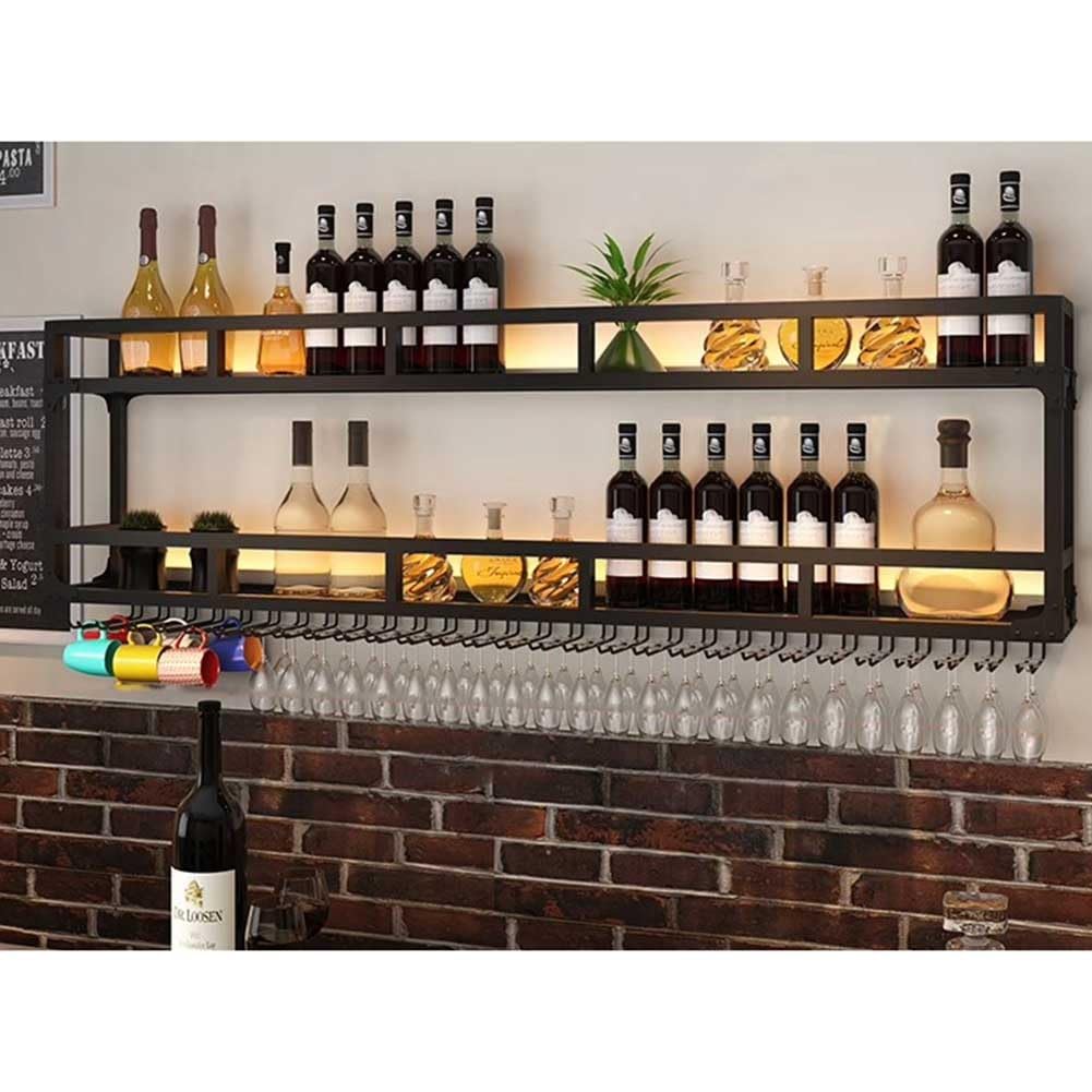 Hängende industrielle runde Weinregale, Modernes, an der Wand montiertes Weinregal mit LED-Licht, Weinflaschen- und Glasregal aus Metall, Präsentationsständer aus Eisen, Weinhalter mit Regalen for Bar