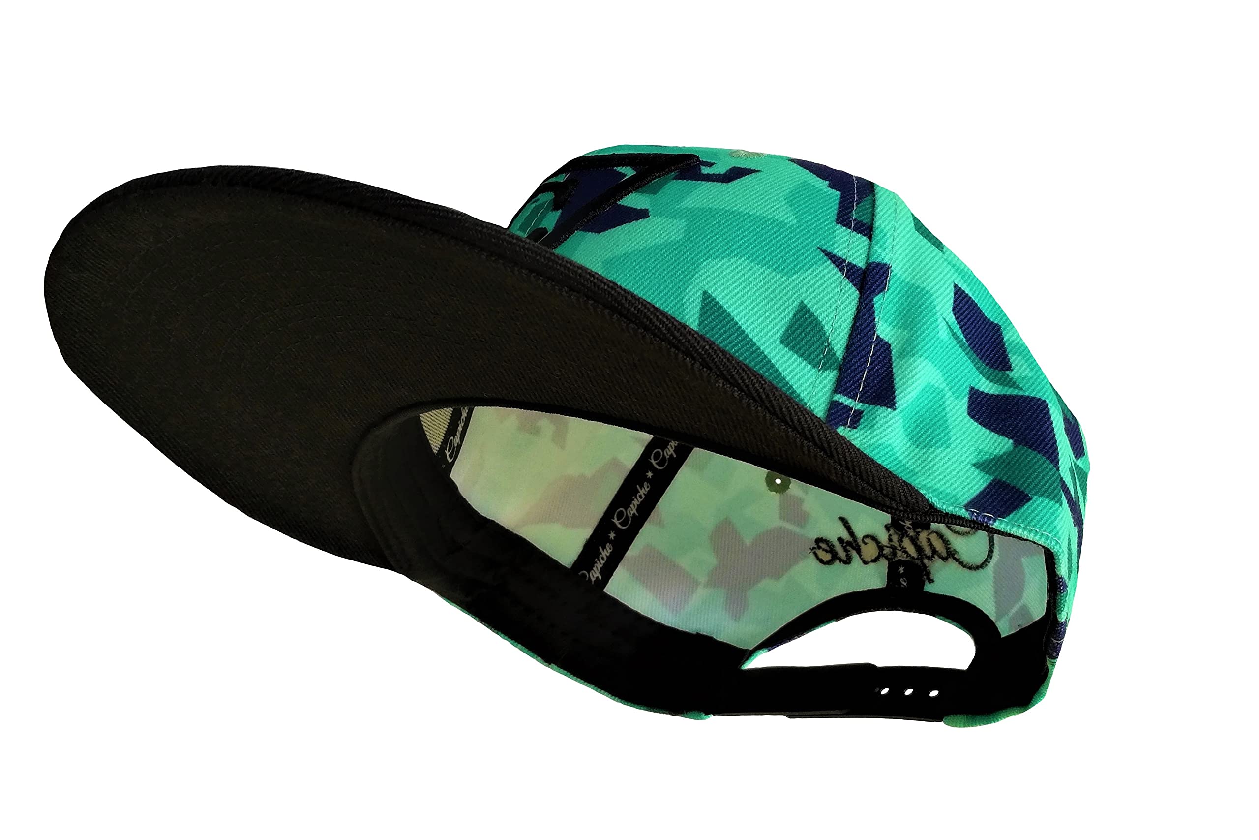 Capiche [99+ Designs] Grüner Polygon Snapback Hut für Männer, Green Polygon, Tarnungsbaseballkappe, Geometrisches Polygonmuster, Design, Schwarzer Flacher Rand Für Frauen und Männer, Verstellbar