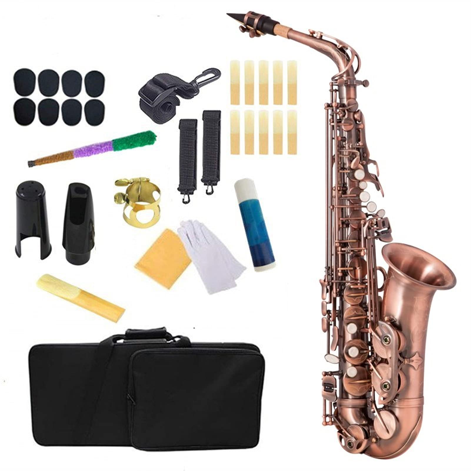 Antikes Finish Eb E- flach Altsaxophon Saxophon Sax Shell Key Carve Muster Holzblasinstrument Mit Koffer Handschuhe Riemen (Farbe: Rotbronze)