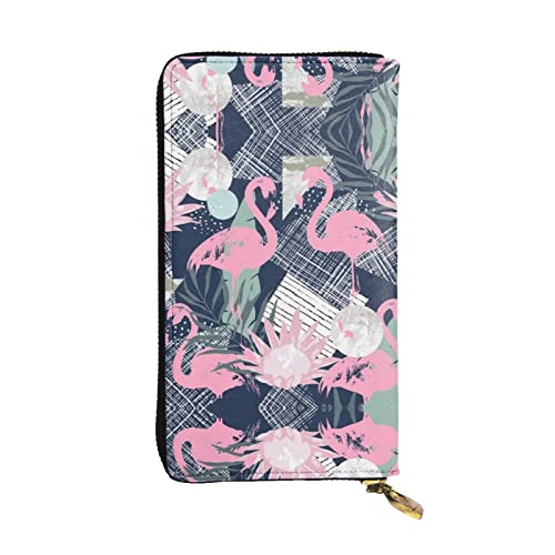 DMORJ Rosa Flamingo und Blätter Leder lange Clutch-Brieftasche: 19 x 10 cm, bequem, leicht, wasserdicht, langlebig, schönes Geschenk, Schwarz, Einheitsgröße, Schwarz , Einheitsgröße