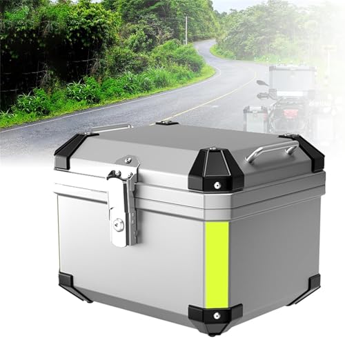 Motorrad-Heckbox, Hochleistungs-Aluminium-Universal-Motorrad-Heckbox-Kofferraum-Tour-Aufbewahrung mit Halterungsgrundplatte, wasserdichte Motorrad-Topbox mit Rückenkissen,Silber,45L