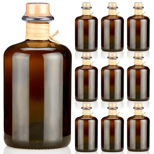 9x Apothekerflaschen 500ml braun schwarz leer Profiset komplett mit edlen Echtholzkorken natur Flaschenkapseln & Bast Band Geschenk Braunglas Flaschen 0,5 L für Öl, Gin, Kräuter Schnaps uvm.