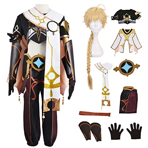 JGZGCG Genshin Impact Aether Cosplay Kostüm Komplettes Set mit Perücke Genshin Traveler Cosplay Verkleidung Aether Cosplay Uniform Halloween Karneval Party Bühnenauftritt Kostüm Erwachsene