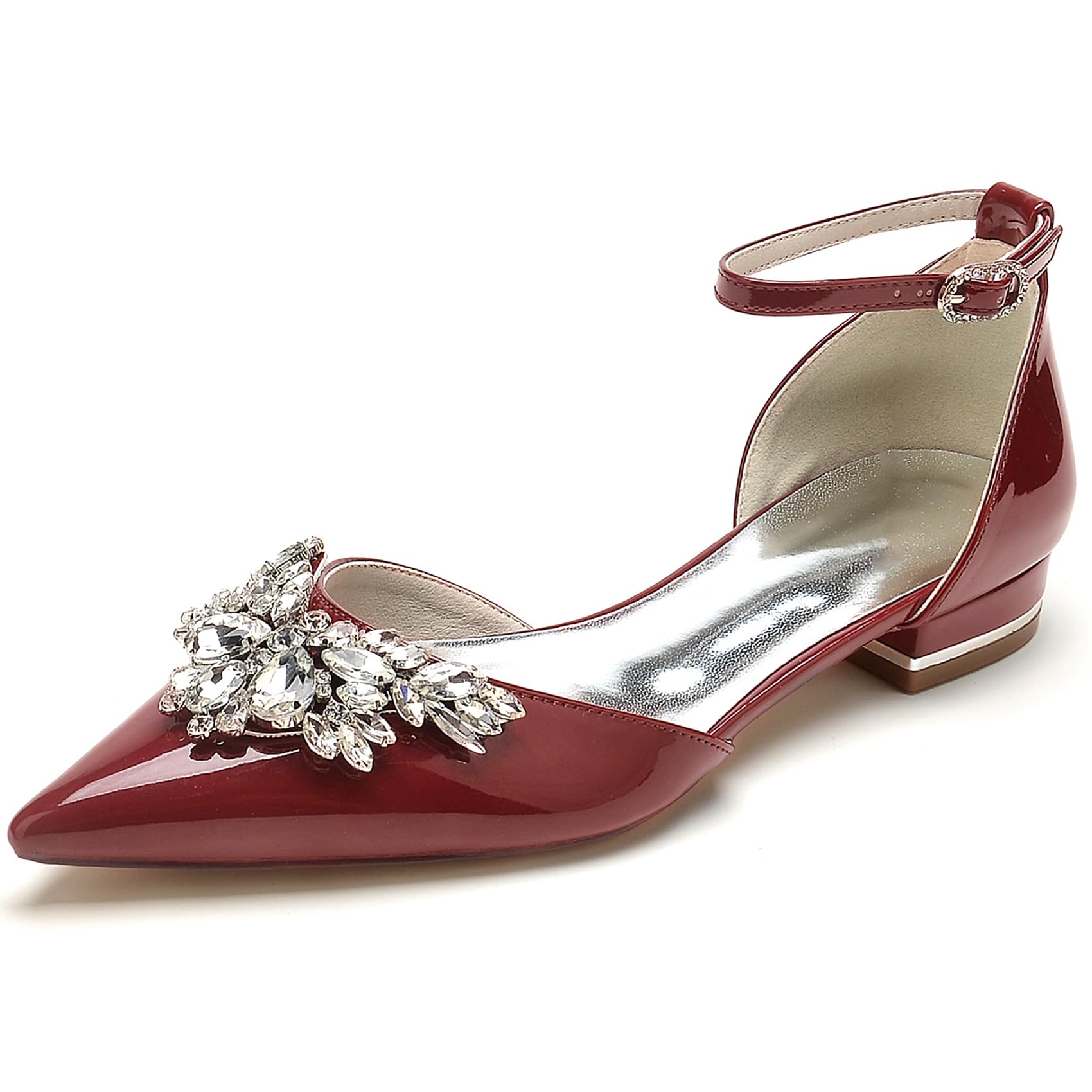 RUIZE Rot,43,Ballerinas mit geschlossener Spitze für Damen, 2,5 cm, glitzernde Strasssteine, Lackleder, Knöchelriemen, niedriger Absatz, Brautschuhe