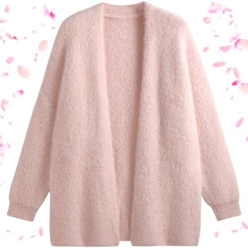 WINDEHAO Kunstfellmantel für Damen, Kunstfell-V-Ausschnitt, Strickjacke, pelzige Strickjacke, Pullover, dick, gestrickt, übergroße Strickjacke, Pullover, Y2k (Rosa, Einheitsgröße (45–65 kg))