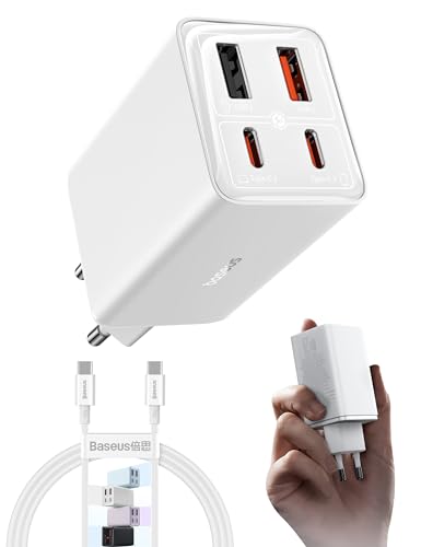 Baseus USB C Netzteil, 65W High-Speed USB C Ladegerät, PD 3.0 und PPS Schnellladeleistung, GaN Charger Kompatibel mit MacBook Pro/Air, Surface, Laptop, iPhone 15-12 Serie, Pixel, Galaxy, iPad (Weiß)