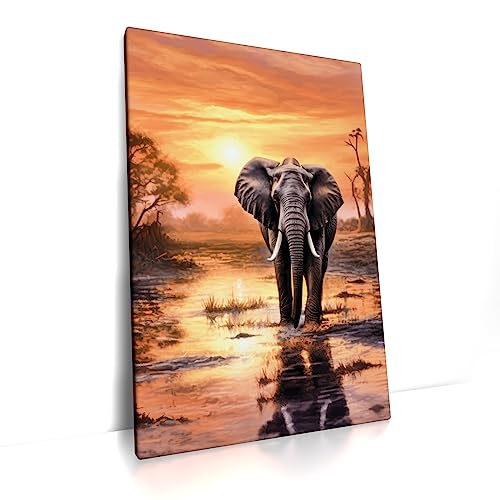 Elefant - Leinwand Bild - Afrika Sonnenuntergang Wandbild aufhängefertig Kunst Druck Bilder Wand Deko Modern Art XXL Wohnzimmer (100 x 70 cm, Leinwand auf Keilrahmen, Elefant)