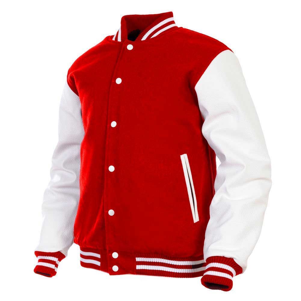 Herren-Varsity-Jacke, Echtlederärmel und Wollmischung, Letterman, Jungen, College-Jacke, Größe XS-5XL, Rot (AR-2), L