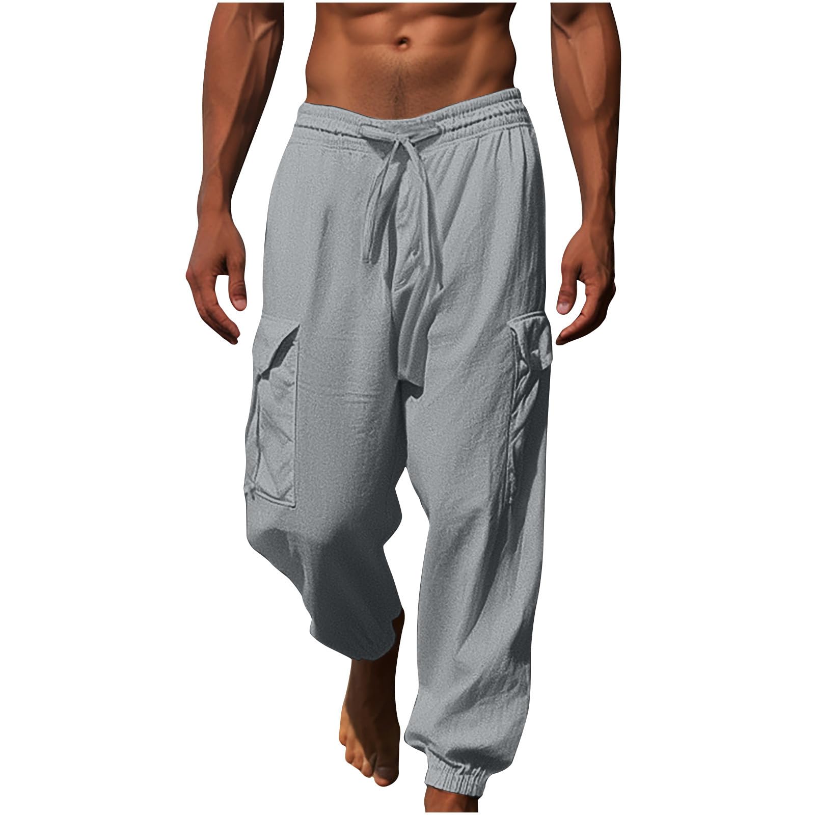 CSHE Herren-Jogginghose Leinenhose mit Langen Seitentaschen Atmungsaktive Sommer-Jogginghose Lockere Und Bequeme Haremshose Pumphose mit Weitem Bein Einfarbige Freizeithose Pants