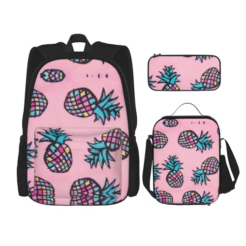 WURTON Schulrucksack-Set mit buntem Ananas-Druck, 3-in-1-Büchertaschen-Set mit Lunchbox, Federmäppchen, Reise-Laptop, Tagesrucksäcke