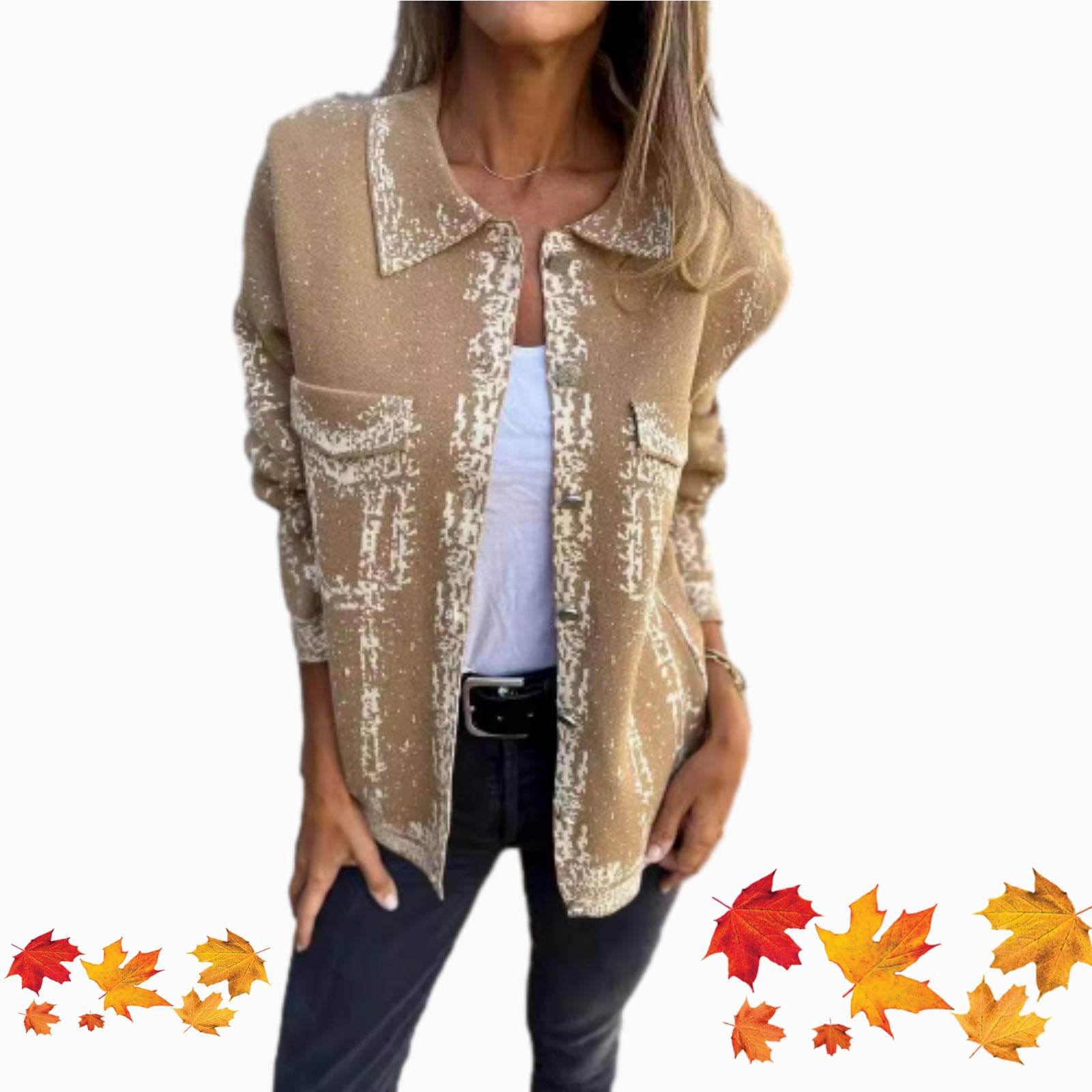 WINDEHAO Damen Gestrickte Revers Langarm Freizeitjacke Herbst Winter Trendy Langarm Jacke mit Taschen Metallschnalle Revers Jacke