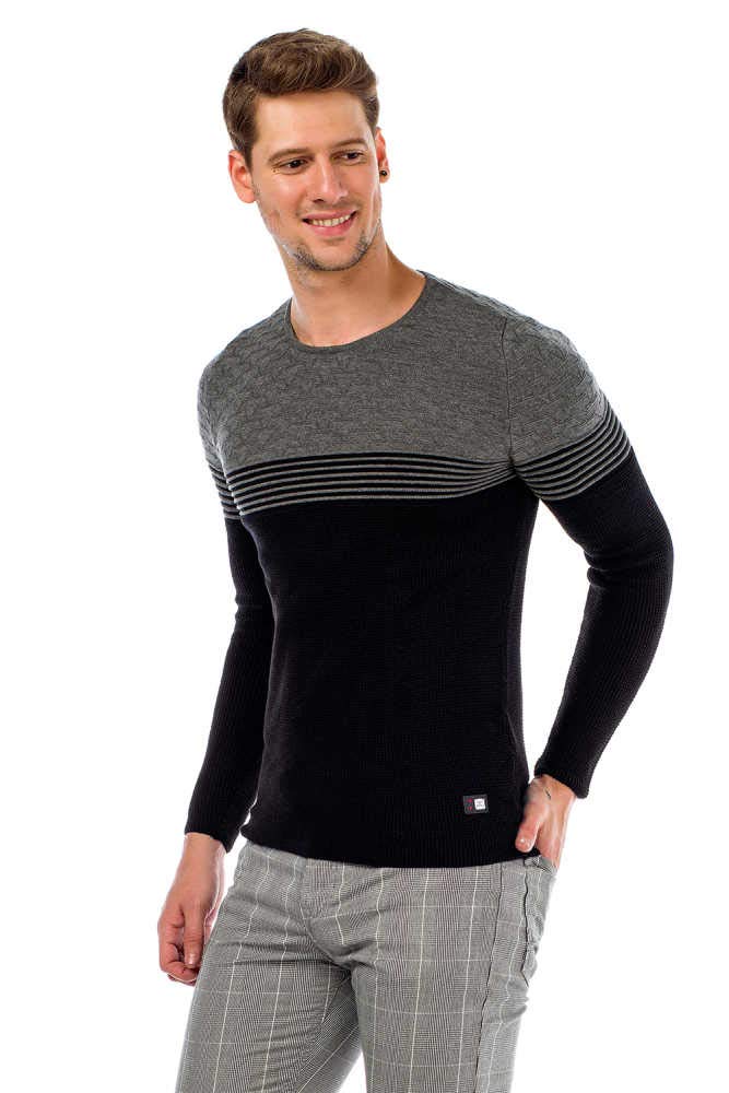 Cipo & Baxx Herren Rundhalskragen Pullover Strickpullover Sweater Schwarz-Grau S