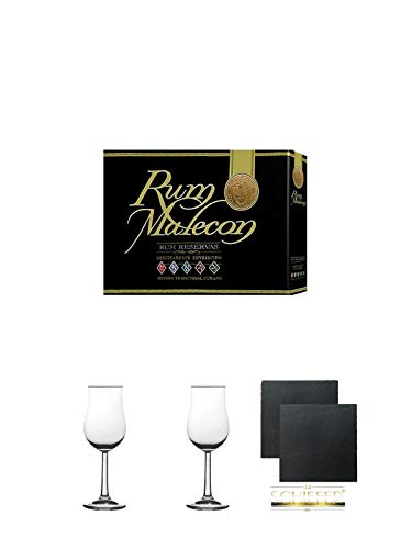 Rum Malecon Mini-Set 5 x 5 cl + 2 Bugatti Nosing Gläser mit Eichstrich 2cl und 4cl + 2 Schiefer Glasuntersetzer eckig ca. 9,5 cm Ø