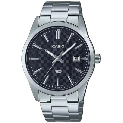 Casio MTP-VD03D-1A Herren-Armbanduhr, Standard-Stahl, schwarzes Zifferblatt, 3 Zeiger, analoge Armbanduhr, Schwarz, Analoguhr, Quarzuhrwerk