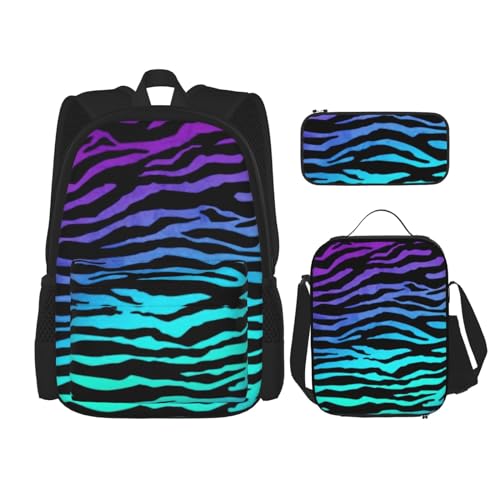 WURTON Violett-Blau-Grün-Tarnmuster, Zebrastreifen, verstellbare Schultergurte, Rucksack-Set, Lunch-Tasche, Federmäppchen, Kombinationstaschen-Set